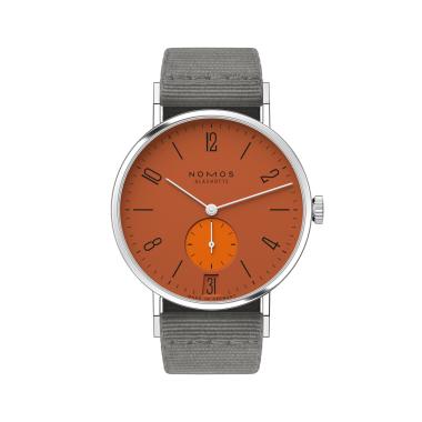 Unisex, Handaufzug, NOMOS Glashütte Tangente 38 Datum Poporange 